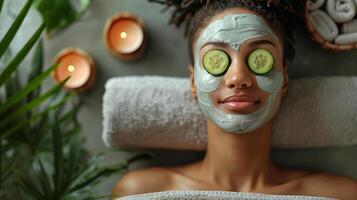 Woman With Cucumber Slices on Eyes photo
