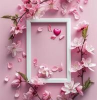 Pink Flowers Encircling Frame on Pink Background photo