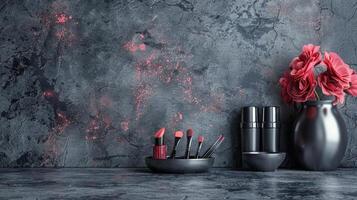 Table With Vase of Flowers and Lipstick photo