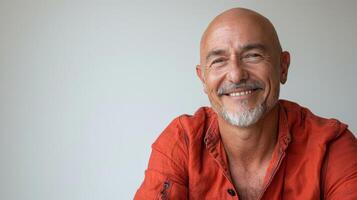 a bald man with a bright smile, wearing a vibrant red shirt photo