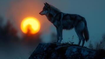 Wolf Standing on Hill Under Full Moon photo