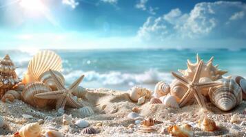 Sea Shells and Starfish on a Sandy Beach photo