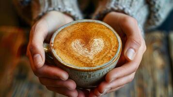 Two Hands Holding Two Cups of Coffee With Hearts photo