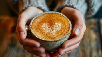 dos manos participación dos tazas de café con corazones foto