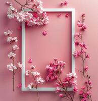 Frame With Pink Flowers and Hearts on Pink Background photo