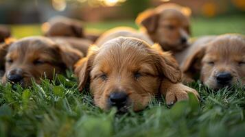 A Group of Puppies Sleeping in the Grass photo