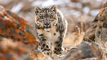 a snow leopard, its sleek fur blending seamlessly with the rocky Himalayan terrain photo