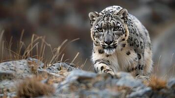 a snow leopard, its sleek fur blending seamlessly with the rocky Himalayan terrain photo