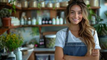 Woman Standing With Arms Crossed in Front of Counter photo