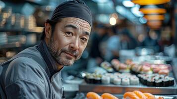 Man Standing in Front of Sushi Display photo