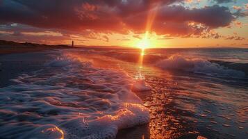 Sun Setting Over Ocean Waves photo