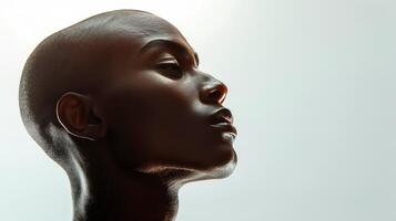 An artistic close-up of a bald man's profile, with the contours of his face and the smoothness of his scalp accentuated by soft lighting photo