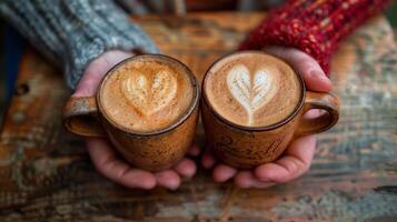 dos manos participación dos tazas de café con corazones foto