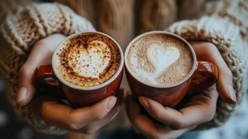 dos manos participación dos tazas de café con corazones foto