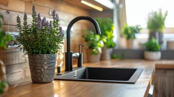 Modern Bathroom Sink With Black Faucet Running Water photo