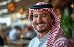 Man Wearing Red and White Checkered Headdress photo