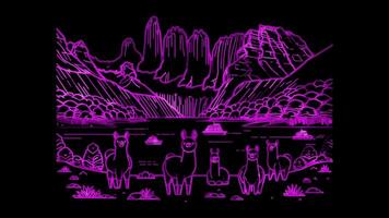 Neon frame effect Torres del Paine National Park, glow, black background. video