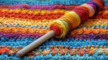 Multicolored Crocheted Blanket and Yarn Skein photo