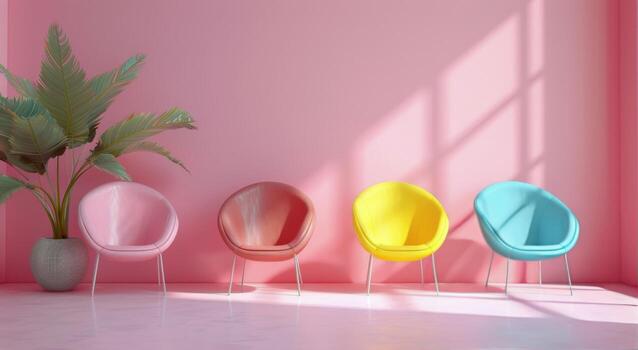 Row of Chairs in Front of Pink Wall photo