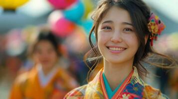 Smiling Woman in Colorful Kimono photo
