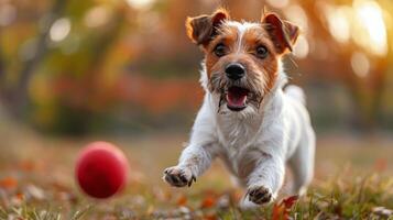Dog Running Towards Red Ball in Grass photo
