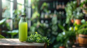Green Liquid Bottle Next to Vegetables photo