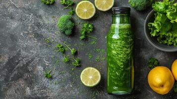 Green Liquid Bottle With Lemons and Broccoli photo
