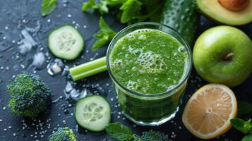 Fresh Green Smoothie in Glass With Straw photo
