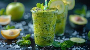 Fresh Green Smoothie in Glass With Straw photo