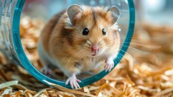 Hamster Running in Hamster Wheel Among Wood Chips photo