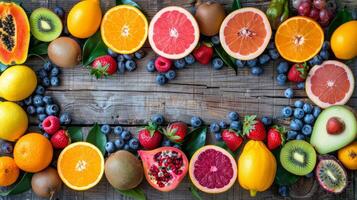 Variety of Fruits Arranged on Wooden Surface photo