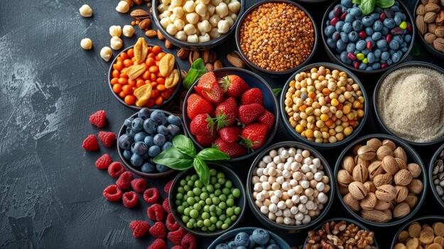 Assorted Fruits and Nuts in Colorful Bowls photo
