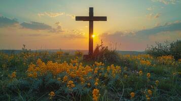 Cross on Rock in Ocean photo