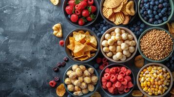 Table Topped With Bowls of Various Snacks photo