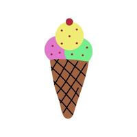 Waffle cone with three balls of ice cream, ice cream in a waffle cup drawing isolated on white background. vector
