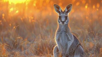 Kangaroo Standing in Field at Sunset photo