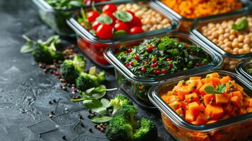 Table With Plastic Containers Filled With Different Types of Food photo