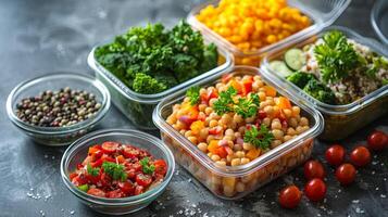Table With Plastic Containers Filled With Different Types of Food photo