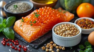 Table Set With Fish, Nuts, and Vegetables photo