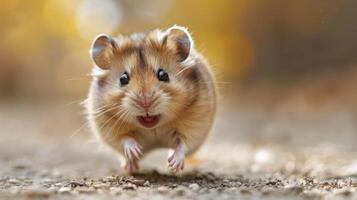 Hamster Running in Hamster Wheel Among Wood Chips photo