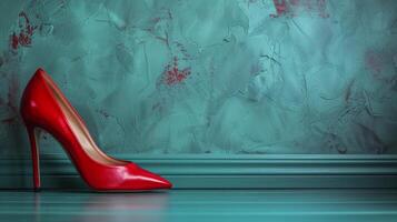 Red High Heeled Shoe on Shiny Surface photo
