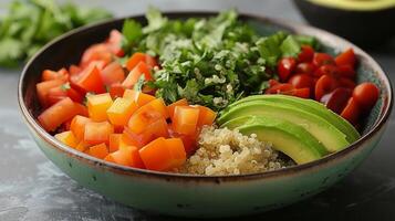 Bowl Filled With Rice, Vegetables, and Avocado photo