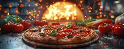 Pizza on Wooden Table photo