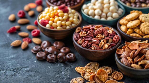 Assorted Fruits and Nuts in Colorful Bowls photo