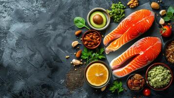 Table Set With Fish, Nuts, and Vegetables photo