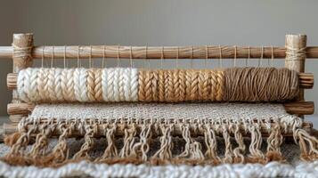 Close Up of Wooden Object With Yarn photo