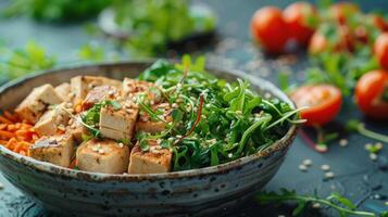 Bowl of Tofu and Vegetables on Table photo