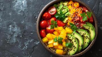 Bowl of Couscous With Avocado, Tomatoes, and Cilantro photo