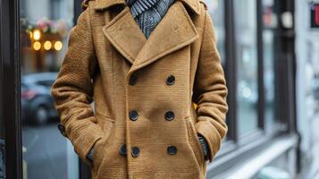 Man in Brown Coat Standing in Front of Building photo