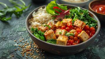 Bowl of Rice With Tofu and Spinach photo